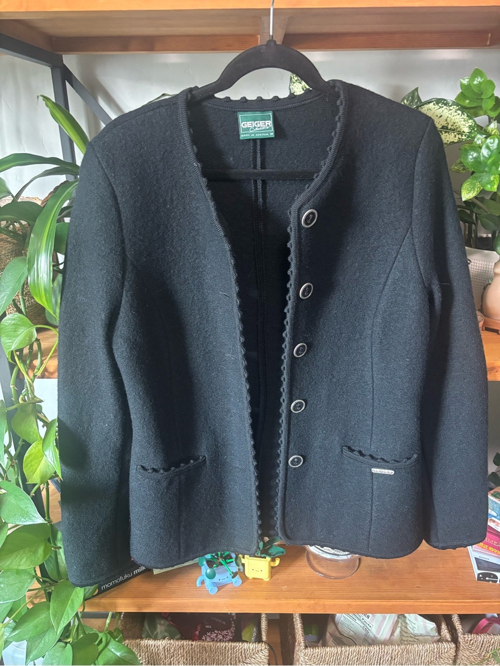 Geiger Black 100% Wool Silver Button Front Jacket | Size 38
